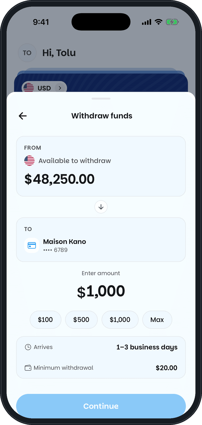 Khaime app withdrawal screen moving $1,000 from the wallet to a bank account